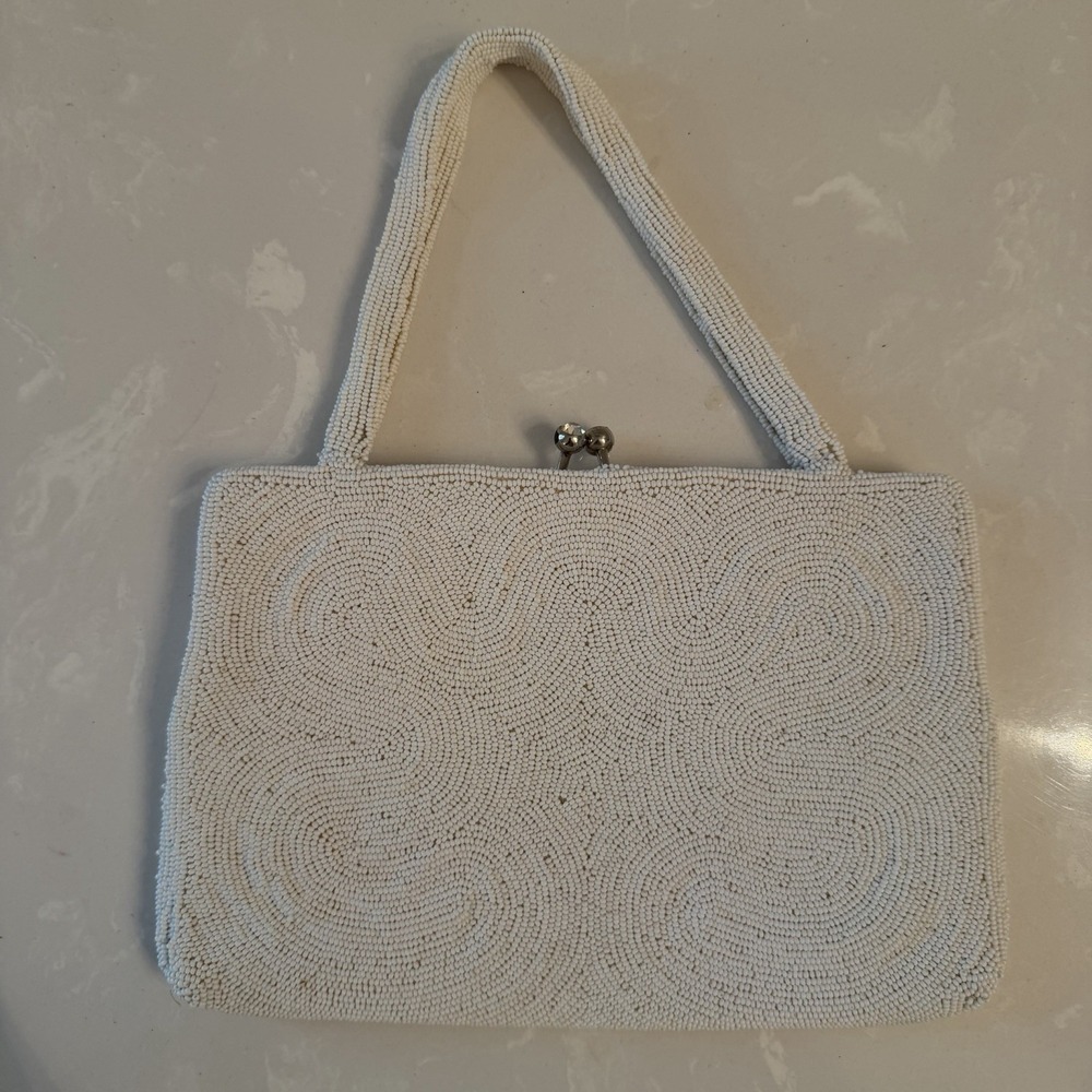 Vintage 60s Walborg Beaded Evening Bag Rhinestone Clasp White